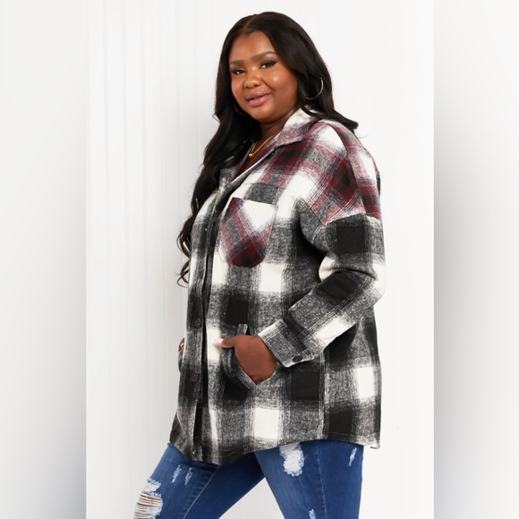 Colors of Autumn Full Size Plaid Shacket in Black/Burgundy - Picture 8 of 10